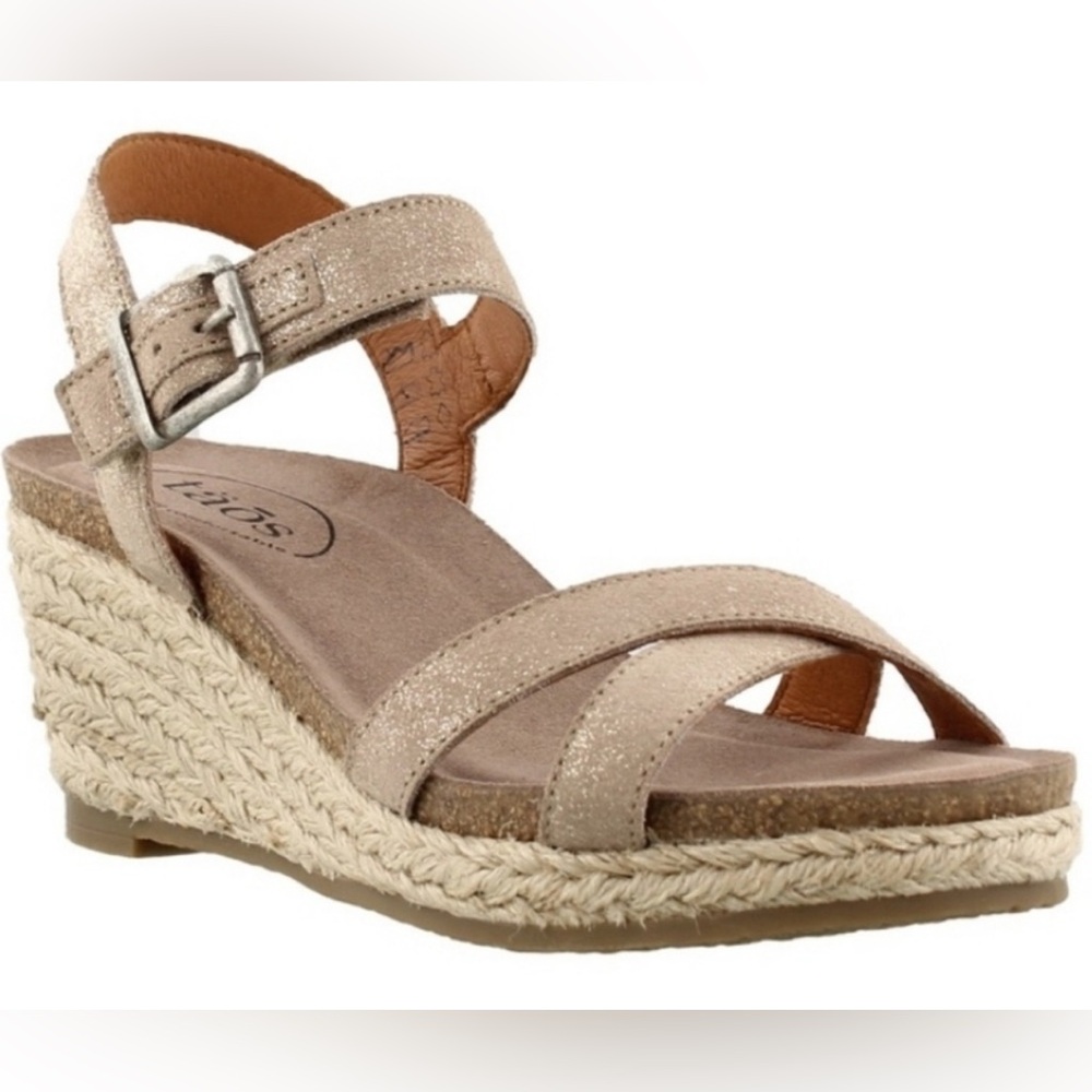 Taos Hey Jute Espadrille Woven Wedge Sandals Women’s Size 10 Taupe Gold Shimmer